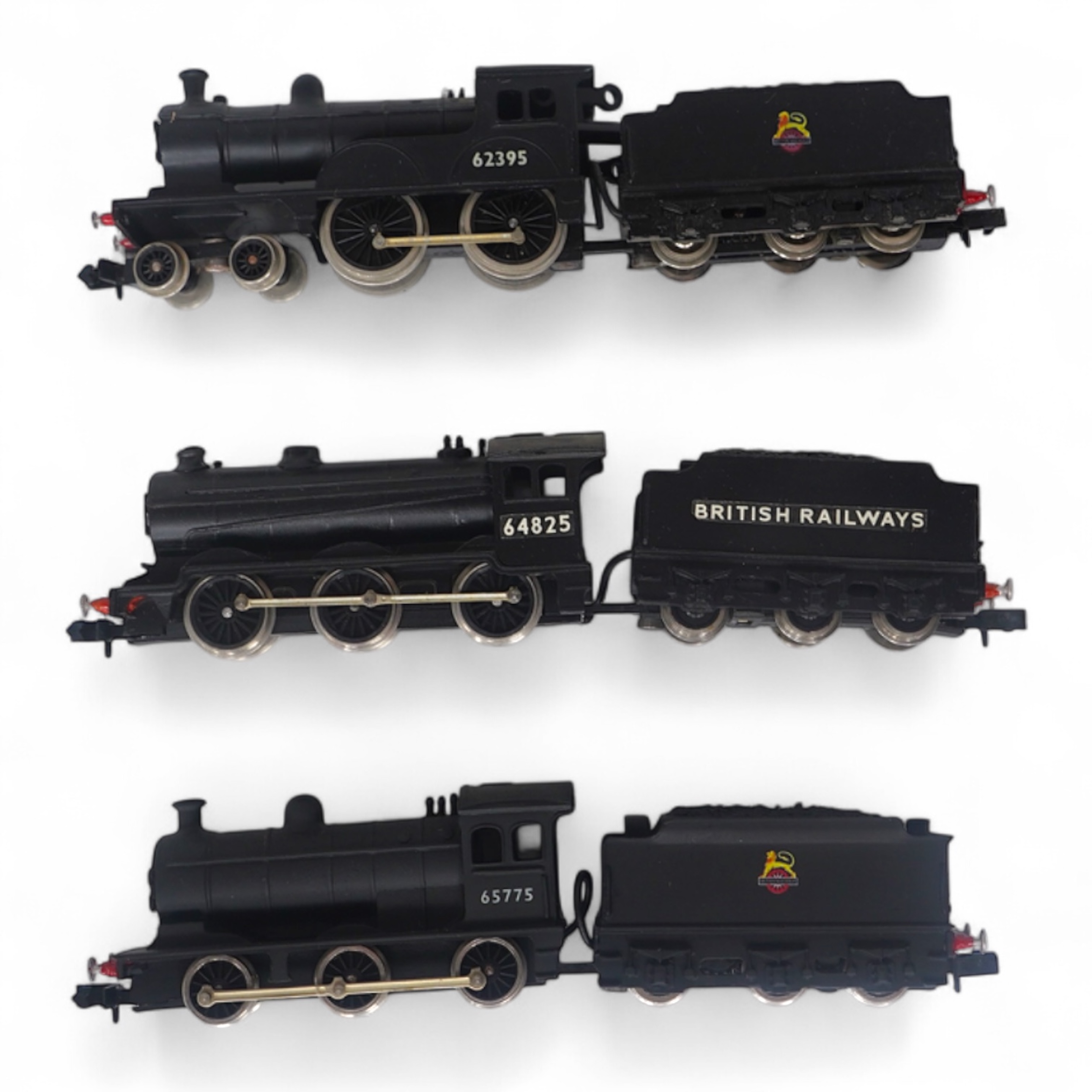 Three boxed Union Mills Models N gauge railway BR locomotives; a Class J26, 65775, a Class J39, 64825, and a Class D20, 62395. Condition - good.